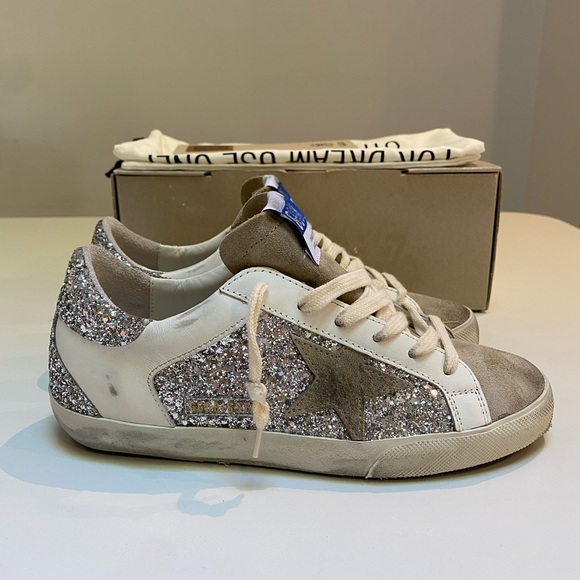 Golden Goose Superstar Sneaker White Leather/Silver Glitter/Taupe Suede 38 NIB - Picture 5 of 15